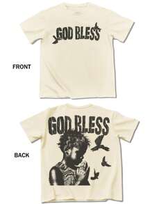 Manfinity EMRG 男士“GOD BLESS”字母图案印花T恤，圆领短袖T恤，街头设计，休闲装，适合情侣 - 卡其色 - 查看 2