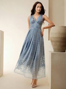 Anewsta Women's Denim Tencel V-Neck Tiered A-Line Dress, Elegant New Design For Spring Summer - Blue - View 4