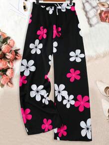 Linhara Quần ống rộng họa tiết hoa giản dị rộng rãi cỡ lớn có dây rút - màu đen - Xem 4