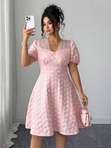 Elenzga Plus Size Women's Embossed Floral High-Quality Hot-Selling Puff Sleeve Short Vacation Summer Dress