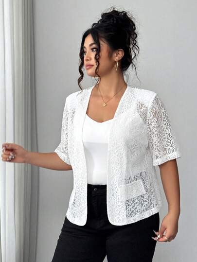 Elenzga 大码休闲提花针织蕾丝边中袖夹克