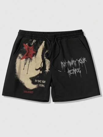 Street Life Plus Size Women Gothic Retro Face Graphic Print Shorts, Suitable For Daily Wear Spring/Summer
