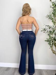 EgrlEra 心形口袋粉色英式刺绣复古水洗喇叭牛仔裤 - 深色水洗藍 - 查看 7