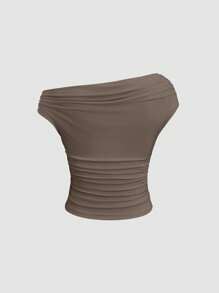 Sweetra 百搭舒适纯色不对称领口短袖短款 T 恤，斜领修身版型 - 彩色 - 查看 4