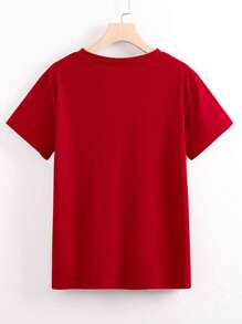 INAWLY Camiseta de manga corta de cuello redondo casual de uso diario con estampado de leopardo rojo y cereza - Rojo - Ver 2