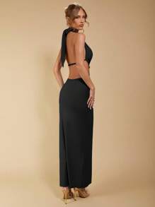 COSMINA Women's Elegant Sexy Backless Long Dress, Suitable For Beach Vacation, Blue Bodycon Maxi Dress - Black - View 2