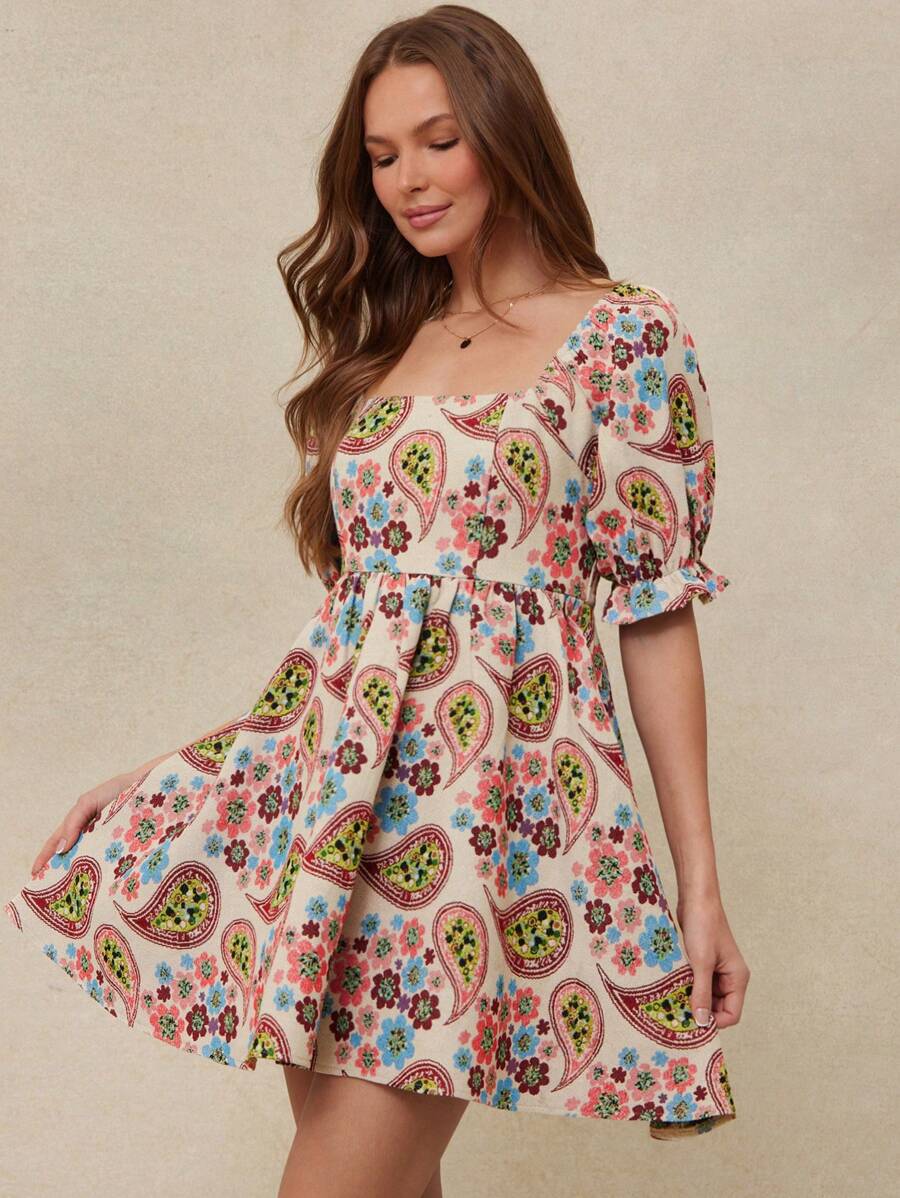 WESTFADE Váy ngắn tay bồng cổ vuông họa tiết hoa mùa xuân jacquard trang phục cao bồi - Nhiều màu - Xem 1