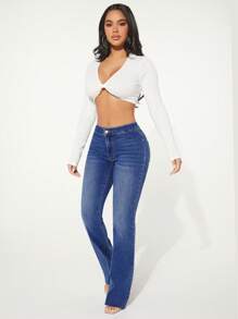 SHEIN SXY Patch Detail Bootcut Leg Jeans - Medium Wash - View 4