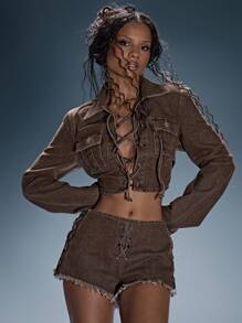MUSERA Top corto de mezclilla con cordones en el cuello, chaqueta de estilo veraniego, sexy, para festivales, vacaciones, Ibiza, rave, estilo bohemio, vacaciones, mezclilla desgastada, escapada, cumpleaños, salida nocturna, otoño, invierno, fiesta, elegante, primavera - Marrón - Ver 1