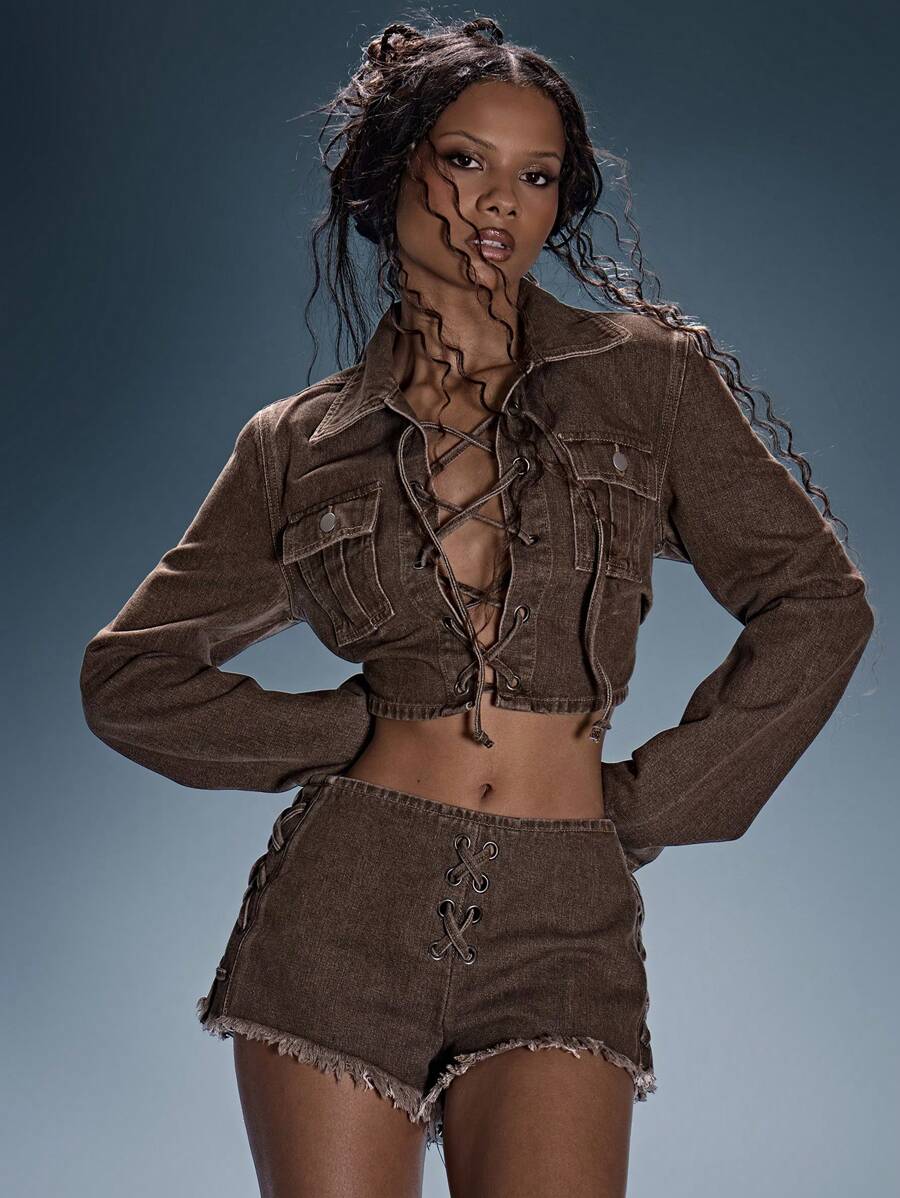 MUSERA 露脐牛仔上衣 系带翻领夹克 夏季性感 节日 假日 伊比沙岛狂欢 波西米亚风 度假 水洗牛仔 冒险之旅 生日 外出 夜生活 秋季 冬季 派对 时尚 春季 - 棕色 - 查看 1