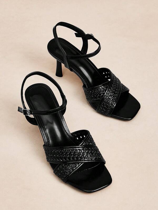 Rosivie Women's High Heel Sandals, Square Toe Thin Heel Woven Style, Black Hollow-Out Open Toe Breathable, Elegant Outdoor French Style Sandals For Summer