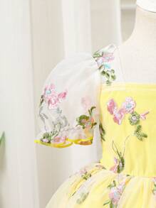 SHEIN Glamorique Kids Váy công chúa hoa lưới tay bồng màu hồng thanh lịch cho bé gái mùa xuân/hè - Màu vàng - Xem 4