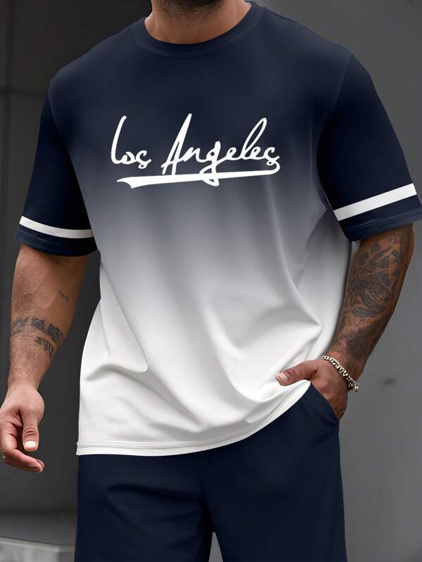 Manfinity Homme Plus Size Men's Ombre Letter Print Round Neck Short Sleeve T-Shirt, Men S Casual Graphic Letter Print Short Sleeve T Shirt And Shorts Set