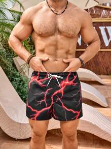 Surfspeed Men's Lightning Print Drawstring Waist Beach Shorts - Black - View 7