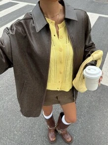 Muchica Áo khoác da nâu cổ điển thời trang dành cho nữ, Xuân/Thu - màu nâu - Xem 5