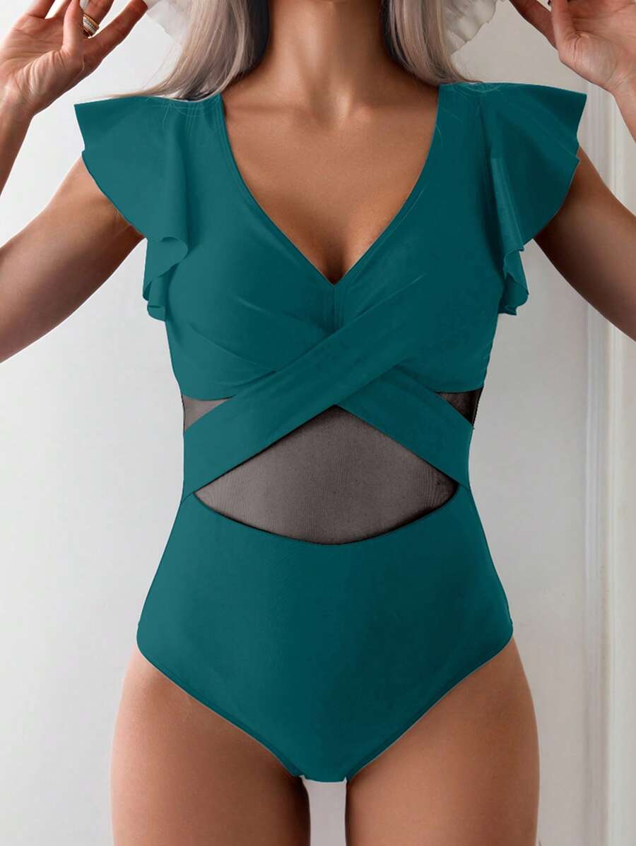 Swim Basics 女士夏季海滩度假休闲绿色纯色交叉前荷叶边袖网眼拼接性感连体泳衣 - 橄欖綠 - 查看 1