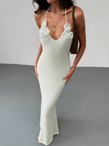 Aloruh Apricot Color Bandage Backless Floral Summer Knitted Bodycon Dress For Romantic Date Or Vacation