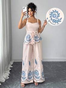 Elenzga Damen Große Größen elegantes romantisches Blumen Druckmieder und lange Hose Set, geeignet für Sommer, Schulanfang, Abschluss, Feiertage, Valentinstag, Musikfestivals, Muttertag, Halloween, Erntedankfest, Ostern, Nationalfeiertag, Galas, Dates, Partys, Hochzeiten, Ausflüge - Verschiedenfarbig - Übersicht 1