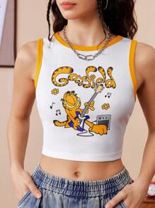 GARFIELD | SHEIN Áo ba lỗ cổ tròn bó sát họa tiết hoạt hình màu tương phản cho nữ, mùa hè - trắng - Xem 1