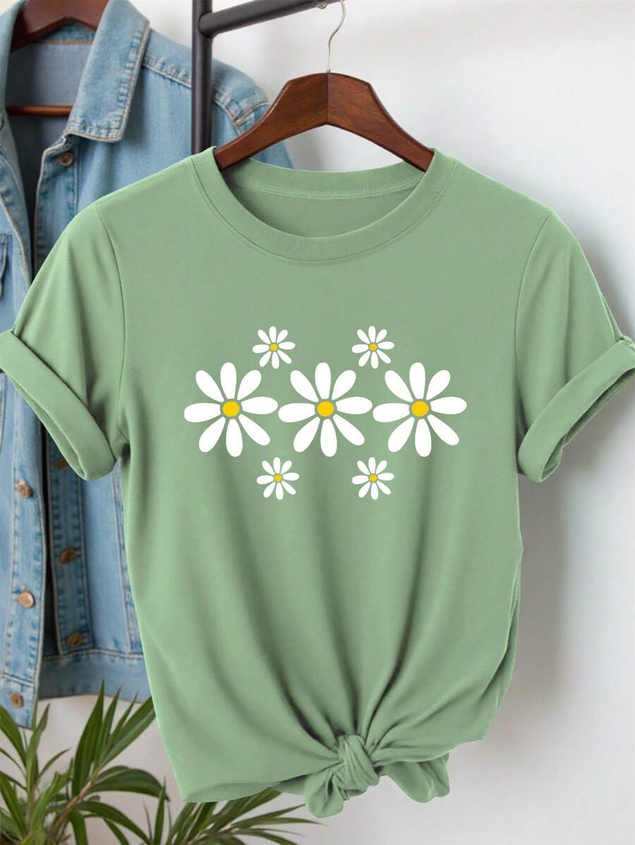 Women's Beach Fashionable Chrysanthemum Floral Print Round Neck T-Shirt - Green - View 1