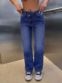 SHEIN Cottnline 100% Cotton HIGH RISE ASYMMETRIC BELT STRAIGHT CUT JEAN - Dark Wash - View 5