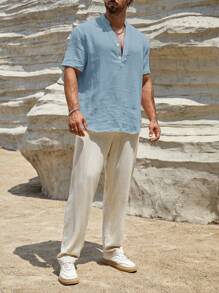 HIMLAND Loose-Fit Men's Solid Color Half Button Short Sleeve Shirt Men Linen Shirts Men Summer Top V Neck Men Shirt Light Blue Shirt Men Men Linen Shirt Men Linen Shirts, Old Money - Blue - View 5