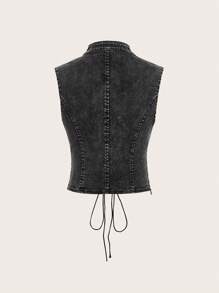 SHEIN ICON 女式无袖性感镂空牛仔系带短款上衣 - 深灰色 - 查看 2