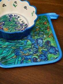 SHEIN Touch of Art 马尔代夫和Trilu印花耐热厨房烘焙配件，可选手套或隔热垫，适用于烤箱，加厚隔热垫，夏季、春季、海滩、度假、花卉图案 - 彩色 - 查看 2