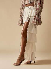 MISSGUIDED Tiered Ruffle Chiffon Maxi Skirt With High Side Split Festival Bohemian Summer Beach Vacation Resort Wear - White - View 6