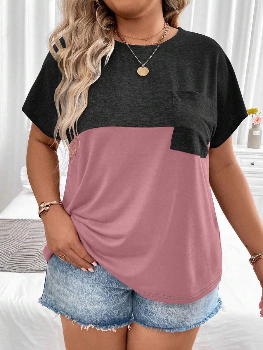 Camiseta gráfica de manga murciélago con bloques de color para mujer tallas grandes, casual de verano - Multicolor - Ver 1