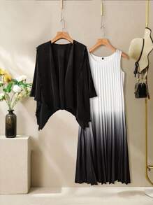 Lacomfia 2pcs/Set Women Solid Asymmetric Hem Jacket & Ombre Dress, 2 Pieces Outfit - White - View 1