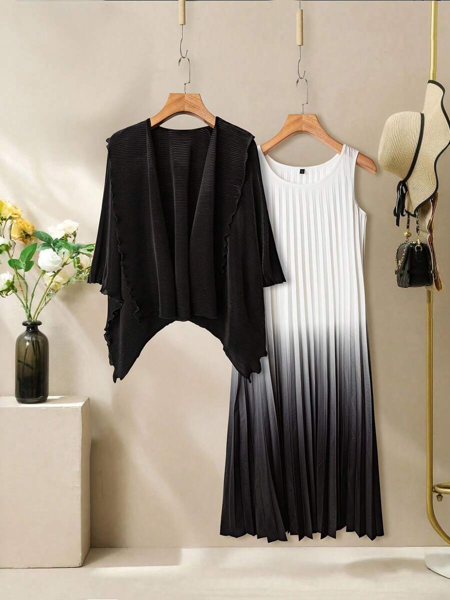 Lacomfia 2pcs/Set Women Solid Asymmetric Hem Jacket & Ombre Dress, 2 Pieces Outfit - White - View 1