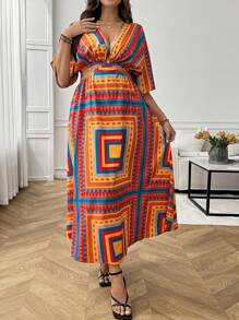 INAWLY 大码几何印花度假性感连衣裙 - 杏色 - 查看 4