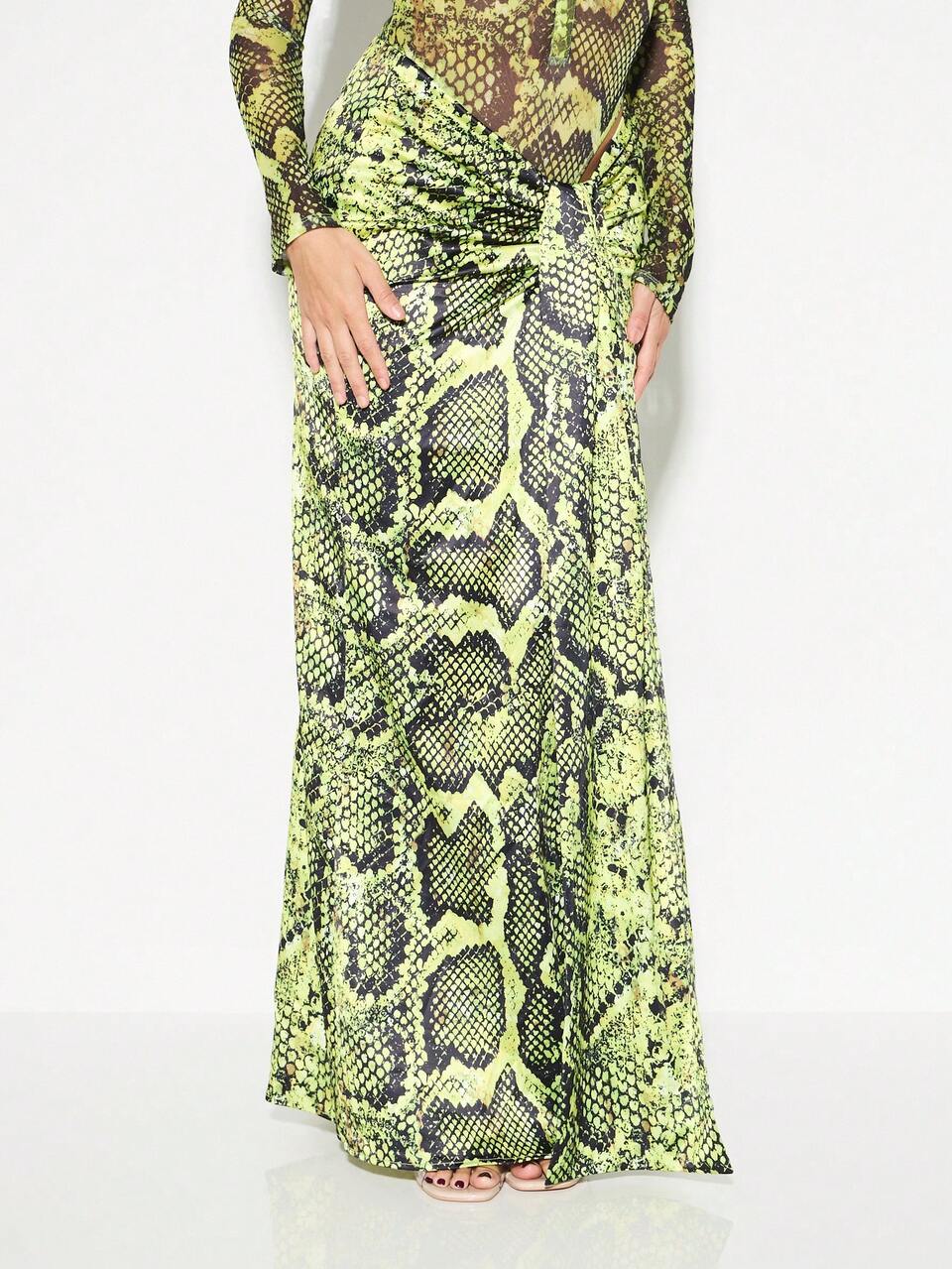 KIZN Snake Print Mesh Overlay Maxi Skirt