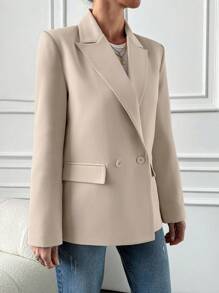 EURMUSE Lapel Neck Double Button Blazer - Beige - View 4