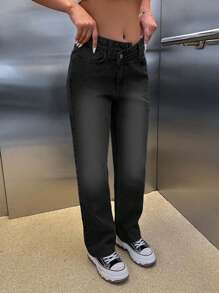 RueChic QUẦN JEAN CẮT THẲNG CAO CÓ THẮT LƯNG KHÔNG ĐỐI XỨNG 100% COTTON - màu đen - Xem 3