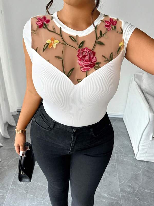 Elenzga Plus Size Elegant Casual Bodysuit With Stand Collar, Embroidery Mesh Patchwork, Soft Knit Fabric, Cropped Cap Sleeves, Curved Bodice, Suitable For Outings Women Clothing Y2k Women Summer Clothing Woman Summer Clothes Women Summer Shirts Women Summer Sets
