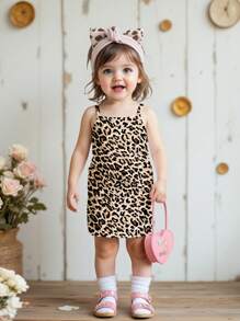 SHEIN Happikins Cute Retro Classic Leopard Print Dress, Baby Girl Casual Sleeveless Snug Fit Dress, Suitable For Summer - Multicolor - View 1