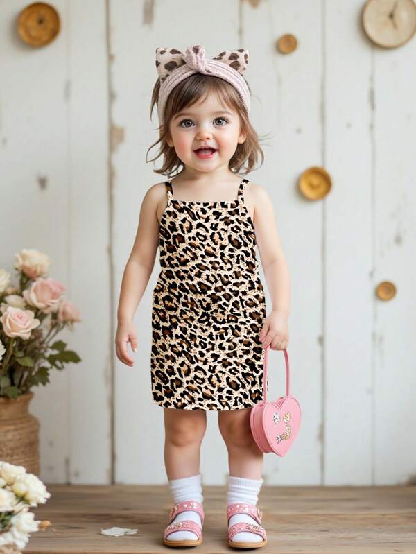 Cute Retro Classic Leopard Print Dress, Baby Girl Casual Sleeveless Snug Fit Dress, Suitable For Summer