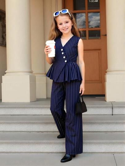 2 件套女孩时尚优雅宽松条纹无袖西装背心上衣 + 高腰条纹裤套装，适合日常通勤和运动穿着