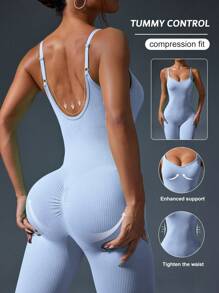 Easithlete Women's Solid Ribbed Sleeveless Jumpsuit Pants