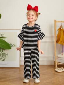 SHEIN Young Girl Striped Casual Casual Knit Top And Casual Knit Casual Pants Set - Black - View 5