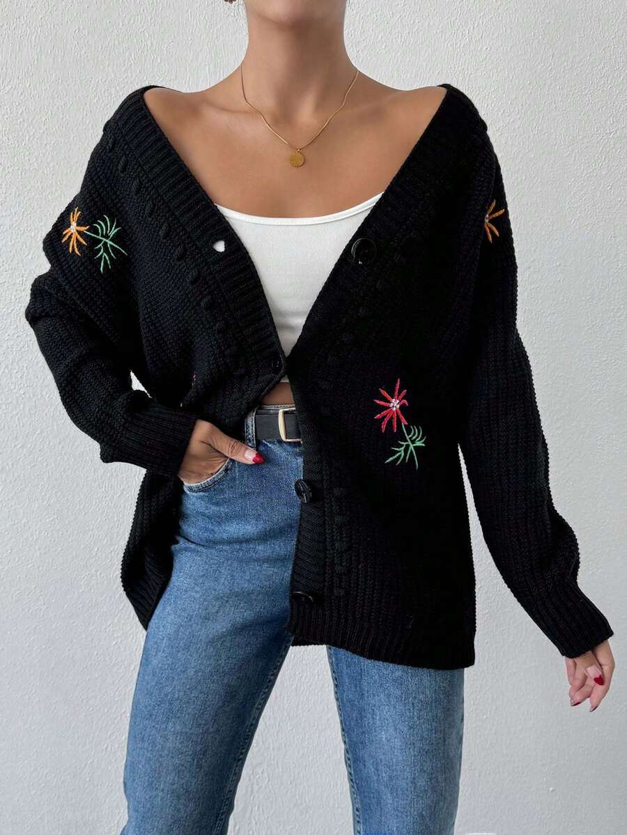EURMUSE Women Embroidered Casual Long Sleeve Black Sweater Cardigan - Black - View 1