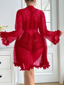 SHEIN Women Lace Long Sleeve Robe, Camisole And Shorts Sexy Lingerie Set Red Lingerie Set Burgundy Lingerie Set Lace Lingerie Set Red Lace Lingerie 3 Piece Lingerie Set - Red - View 2