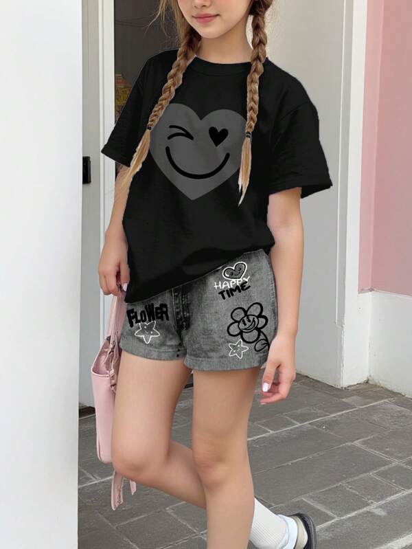 Set de 2 piezas de top de manga corta y pantalones cortos con estampado de corazón y cara estilo graffiti, diseño minimalista, para niñas adolescentes, apto para el verano