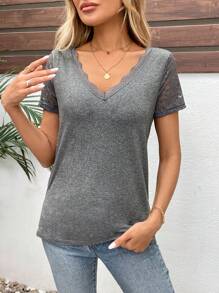 SHEIN LUNE Áo thun nữ tay ngắn cổ chữ V màu trơn, tối giản và thời trang - Màu xám đen - Xem 6