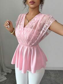 Elenzga New Chiffon Floral Cutout Casual Elegant Date Style Tie-Up Versatile Blouse For Women, Spring/Summer - Baby Pink - View 1