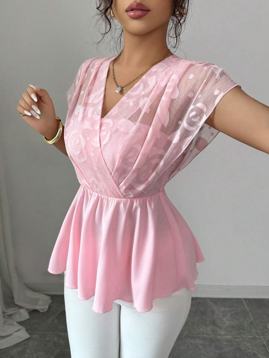 Elenzga New Chiffon Floral Cutout Casual Elegant Date Style Tie-Up Versatile Blouse For Women, Spring/Summer - Baby Pink - View 1