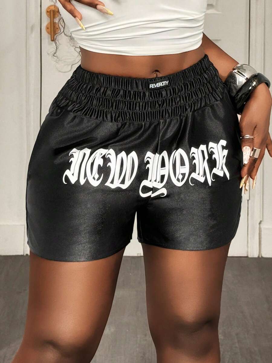 BamGleam 男士休闲字母印花修身短裤，夏季 - 黑色 - 查看 1