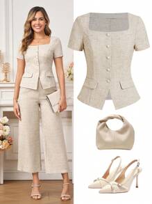 Ellevyn 女士方领简约纯色短袖上衣，优雅 - 杏色 - 查看 7